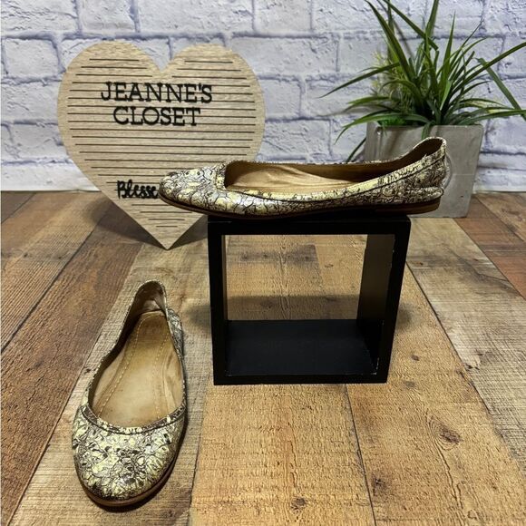 FRYE Carson Ballet Flats US 8.5 Cream w Brown & Silver All Leather Slip on Shoes - Picture 10 of 11